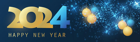 Abstract Golden and Blue Glossy Horizontal Christmas, New Year Header or Banner, Blurry Vector Design with Christmas Balls for Year 2024のイラスト素材