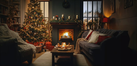 An empty cozy dark living room with a fireplace waiting for the family to celebrate in the evening. It is Christmas time. Room with a decorated Christmas tree, table and candles.の素材