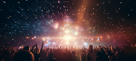 Huge dance floor in a big hall in the nightclub. Colored bright lights from the stage. Crowd of thousands of young people standing in awe, having fun. Above them are spot lights. Generative AIの素材