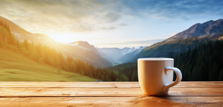 A cup of hot morning coffee on a wooden table against a beautiful background of sunrise scene in the mountains. Wide scale panoramic image created by Generative AIの素材