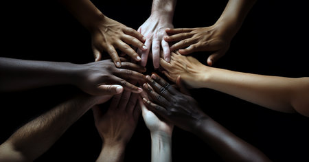 Work together, support each other, diversity, unity concept with many hands put together in the air. Hands of people of different colors. Generative AI image.の素材