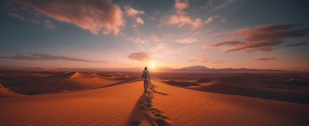 Panoramic image of a traveller man walking in the desert among the sand dunes at sunset. Gorgeous fantasy scene generated by AI tools.の素材