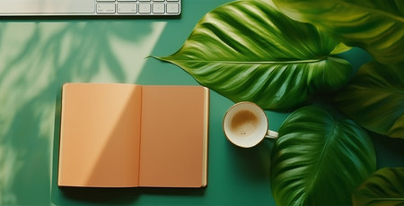 A light green desk in an office with an open paper notebook, green leaves of ornamental grass and a cup of coffee. View from the top, with copyspace for your text. Calm workspace concept.の素材