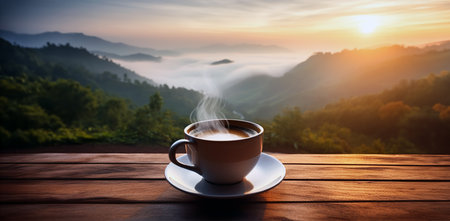 A cup of hot morning coffee with steam on a wooden table against a beautiful background of sunrise scene in the mountains. Wide scale panoramic image created by Generative AIの素材