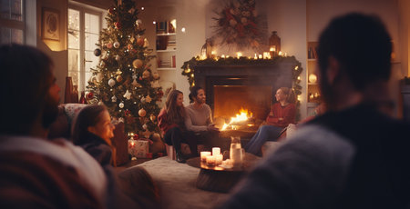 A cozy Christmas time living room with a fireplace and a decorated Christmas tree. Family, people sitting around the room, talking, enjoying Christmas Eve.の素材