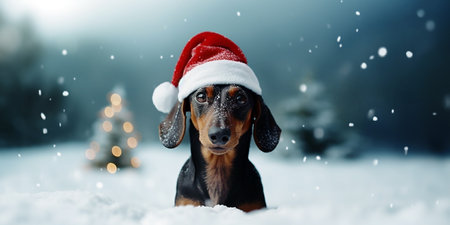 A cute dachshund dog chest deep in the snow looking into the camera, wearing Santa Clausの素材