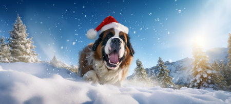 A cute happy St. Bernard dog with a Santa's hat on running, jumping in the deep snow, daytime in the winter woods.の素材