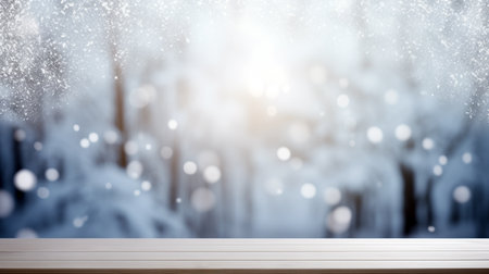 Side view of an empty white wooden table top with a gentle blurred soft light background. Bokeh effect. Christmas, holiday concept.の素材
