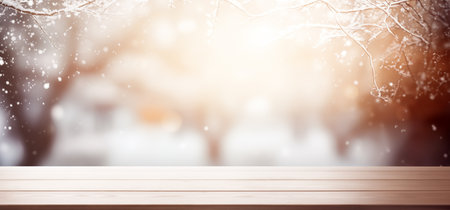 Side view of an empty white wooden table top with a gentle blurred soft light background. Bokeh effect. Christmas, holiday concept.の素材
