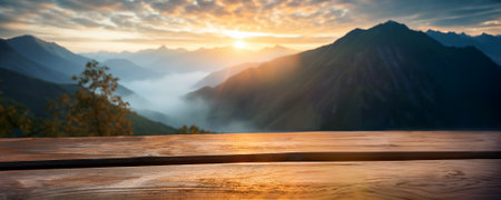 A wooden table against a beautiful background of sunrise scene in the mountains. Wide scale panoramic image with foggy mountains created by Generative AIの素材