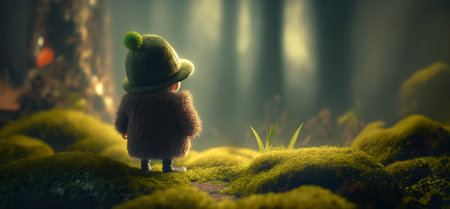 Illustration of little fairy tale elf in the green forest. Cute little creature standing with his back.の素材