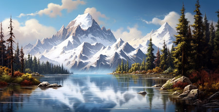 Gorgeous winter mountain landscape. Rocks and pine trees around a blue lake. View of a valley, sunlit horizon, sky with clouds above. Image made by Generative AIの素材