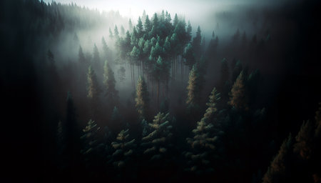 Pine forest in the fog, cinematic dark light, beautiful white and green colors - Natural fantasy scene, trees and hills in the mist, near darkness. Image made by Generative AIの素材