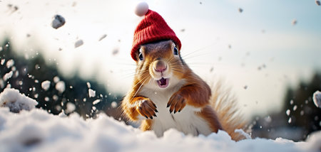 A funny, cute squirrel with Santa's hat on standing in the snow, day time in the winter woods.の素材