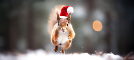 Cute squirrel with Santa's hat on running, jumping in the snow, daytime in the winter woods.の素材