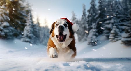 A cute happy St. Bernard dog with Santa's hat on running, jumping in the deep snow, daytime in a road in the winter woods.の素材