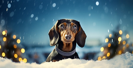 A cute dachshund dog standing chest deep in the snow, looking into the camera. Blurry winter landscape background, snow falls from the sky at dusk. Funny Christmas time concept for holidays.の素材