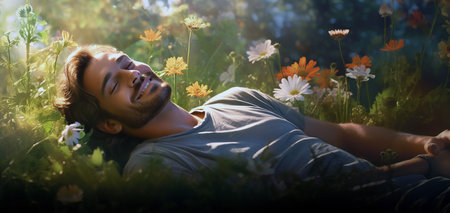 A happy man lying on his back on a green, flowery meadow. Blissful relaxation in the nature.の素材