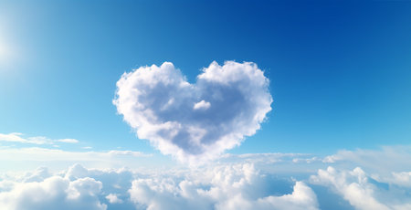 Baby Blue and White Floating Sunlit Heart Shaped Cloud in the Sky. Love, Romance, Romantic Theme. Wide Scale Panoramic Generative AI Made Illustration with Copy Spaceの素材