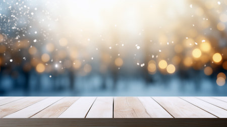 Side view of an empty white wooden table top with a gentle blurred soft light background. Bokeh effect. Christmas, holiday template with copyspace.の素材