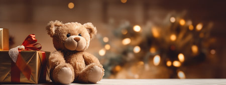 A funny teddy bear sitting on the floor of a room beside a gift pack, holiday lights behind. Simple, minimalist Christmas scene with bokeh background.の素材