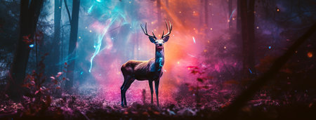 A fantasy image of a big magical deer standing in a clearing of a dark snowy forest. Colorful widescale image created by AI.の素材