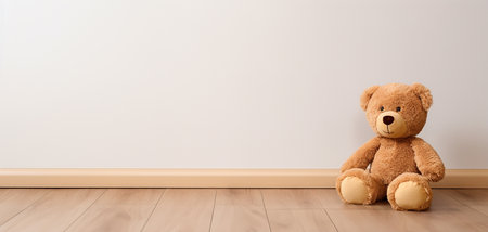 A funny teddy bear on the floor of a room sitting beside the wall. Simple, minimalist photograph, template with large copyspace.の素材