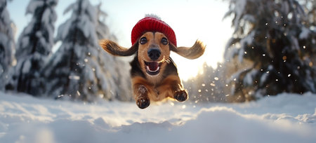 Cute dachshund dog with a Santa's hat running, jumping in the snow, daytime in the winter snow in the woods.の素材