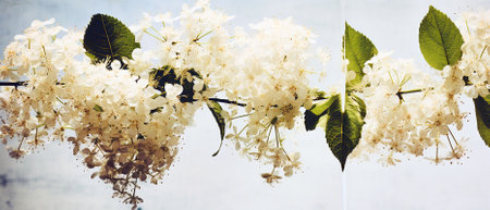 Elderberry blossom, close up photograph, wide scale image for backgrounds.の素材