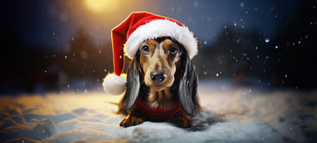 A cute dachshund dog chest deep in the snow looking into the camera, wearing Santa Clausの素材