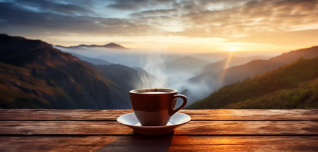 A cup of hot morning coffee with steam on a wooden table against a beautiful background of sunrise scene in the mountains. Wide scale panoramic image created by Generative AIの素材