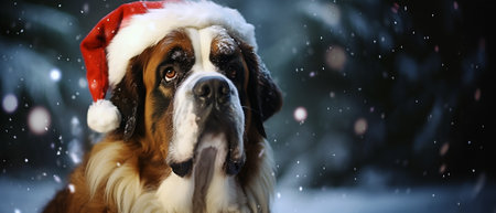 A cute large St. Bernard dog wearing Santa Clausの素材