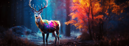 A fantasy image of a big magical deer standing in a clearing of a dark autumn forest. Colorful widescale image created by AI.の素材