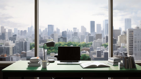 A working desk in front of a blurry background of an overlook through large window. Outside is a huge city with skyscrapers, cityscape.の素材