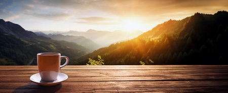 A cup of hot morning coffee with steam on a wooden table against a beautiful background of sunrise scene in the mountains. Wide scale panoramic image created by Generative AIの素材