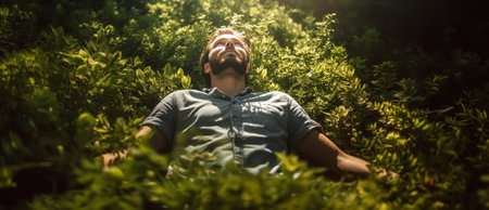 A happy man lying on his back on the green grass with arms outstretched. Blissful relaxation in the nature.の素材