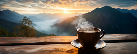 A cup of hot morning coffee with steam on a wooden table against a beautiful background of sunrise scene in the mountains. Wide scale panoramic image created by Generative AIの素材