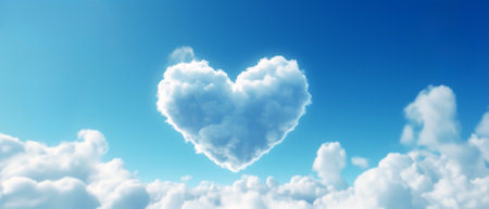 Baby Blue and White Floating Sunlit Heart Shaped Cloud in the Sky. Love, Romance, Romantic Theme. Wide Scale Panoramic Generative AI Made Illustration with Copy Spaceの素材