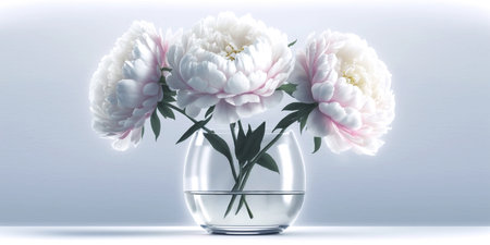 Selective focus on a bouquet of fresh tender white and pink peonies in a glass vase against a pastel white and grey backgroundの素材