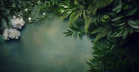 Green Background with Leaves and Flowers. Wide Scale Generative AI Made Illustration with Copy Spaceの素材