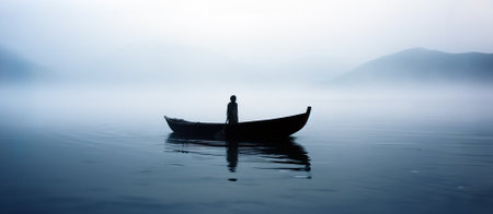 A lonely man standing in a boat in the middle of a lake. Overcast, foggy wheather.の素材