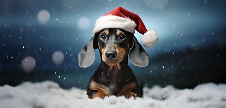 A cute dachshund dog standing chest deep in the snow, looking into the camera, wearing Santa Clausの素材