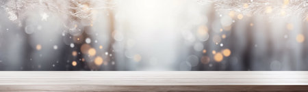 Side view of an empty white wooden table top with a gentle blurred soft light background. Bokeh effect. Christmas, holiday concept. Extra wide banner.の素材