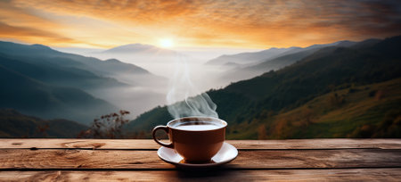 A cup of hot morning coffee with steam on a wooden table against a background of sunrise scene in the mountains. Wide scale panoramic, centered composition image created by Generative AIの素材