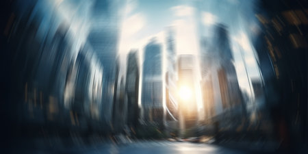 Modern office buildings. Defocused tall towers, skyscrapers in the sunlight. Cityscape. Wide scale image created using Generative AI tools.の素材