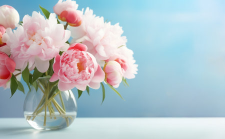 Selective focus on a bouquet of fresh tender white, pink, and red peonies in a glass vase against a pastel blue backgroundの素材