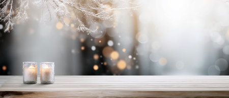 Side view of an empty white wooden table top with a gentle blurred soft light background. Bokeh effect. Christmas, holiday concept with candlesの素材