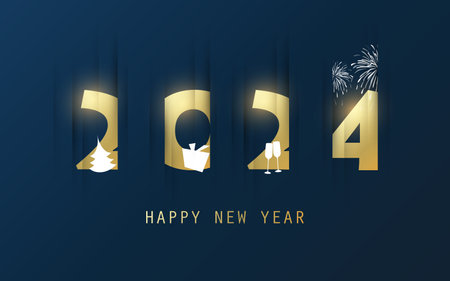 Best Wishes - Simple Dark and Gold Colored New Year Card, Cover or Background Design Template With Christmas Tree, Gift Box, Drinking Glasses And Fireworks - 2024のイラスト素材