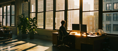 Diligent programmer, office worker, employee alone in a big, empty office in the late afternoon.の素材