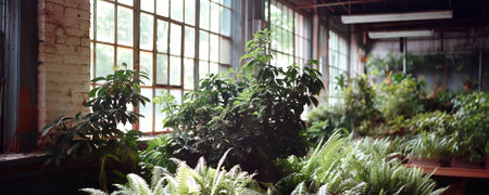 Lots of green plants growing inside a warehouse.の素材